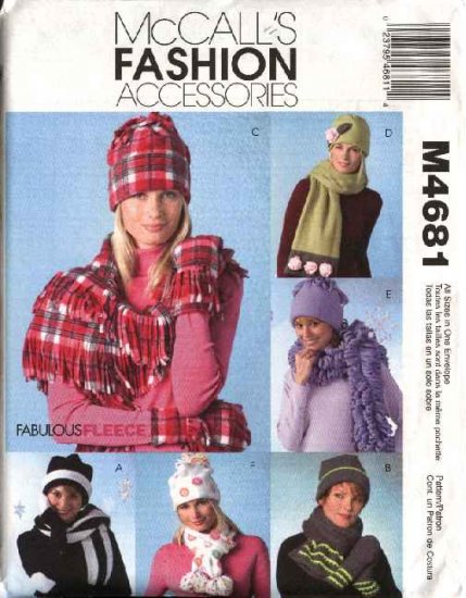 McCall's Sewing Pattern 4681 M4681 Misses All Sizes Fleece Embellished Fringed Hats Scarves Mittens