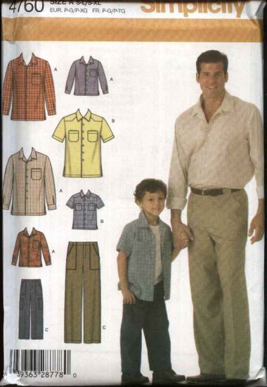Simplicity Sewing Pattern 4760 Boys size S-L Men's size S-XL Pants Button Front Shirt