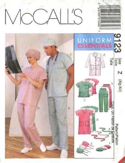 McCall's Sewing Pattern 9123 Misses Mens Chest Size 42-48 Lab Coat Scrub Uniform Top Pants Dress