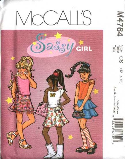 McCall's Sewing Pattern 4764 Girls Size 7-10 Knit Pullover Short Sleeve Top Flared Tiered MiniSkirt
