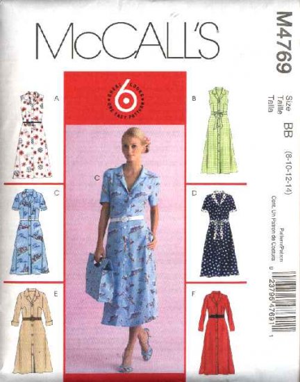 McCall's Sewing Pattern 4769 Misses Size 8-14 Easy Button Front Shirtwaist Dresses