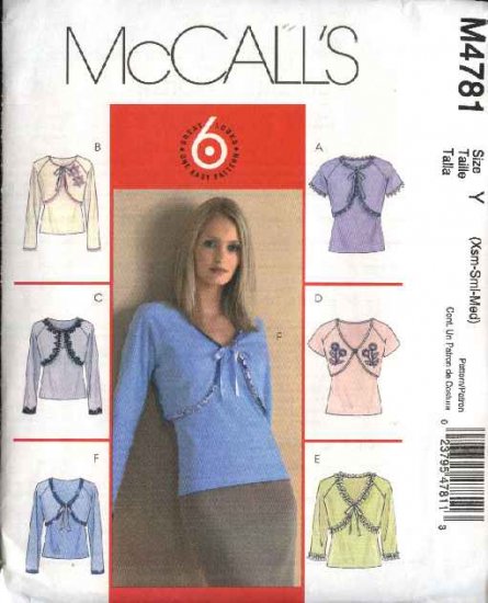 McCall's Sewing Pattern 4781 M4781 Misses Size 4-14 Easy Camisole Top Short Long Sleeve Shrug Bolero