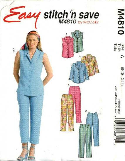 McCall's Sewing Pattern 4810 M4810 Misses Size 8-14 Easy Button Front Blouse Shirt Cropped Pants