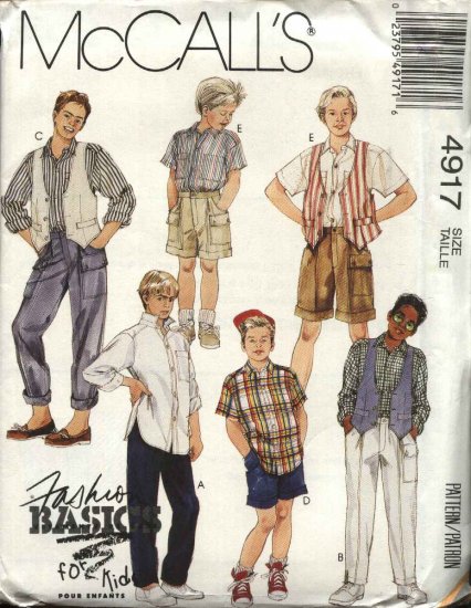 McCall’s Sewing Pattern 4917 M4917 Boys Size 5 Basic Vest Button Front Shirt Long Pants Shorts