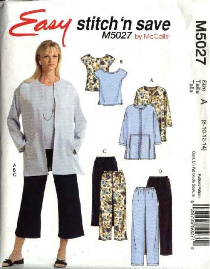 McCall's Sewing Pattern 5027 Misses Size 8-14 Easy Unlined Jacket Sleeveless Top Long Cropped Pants