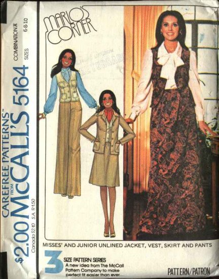 Retro McCall's Sewing Pattern 5164 Misses Size 6-8-10 Marlo Thomas Suit Jacket Vest Skirt Pants