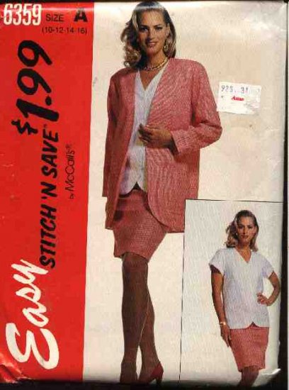 McCall's Sewing Pattern 6359 Misses Size 10-16 Easy Unlined Jacket Button Front Top Straight Skirt
