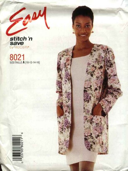 McCall's Sewing Pattern 8021 Misses Size 10-16 Easy Unlined Long Sleeve Jacket Sleeveless Dress