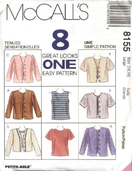 McCall's Sewing Pattern 8155 Misses Size 20-22 Easy Pullover Sleeveless Top Button Front Jacket