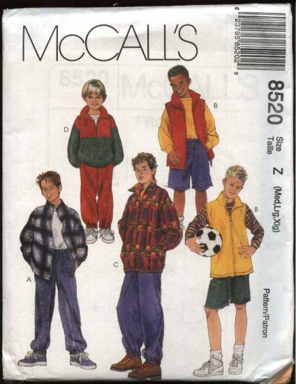 McCall's Sewing Pattern 8520 Boys Size 7-16 Wardrobe Zipper Front Jacket Vest Pants Shorts Top