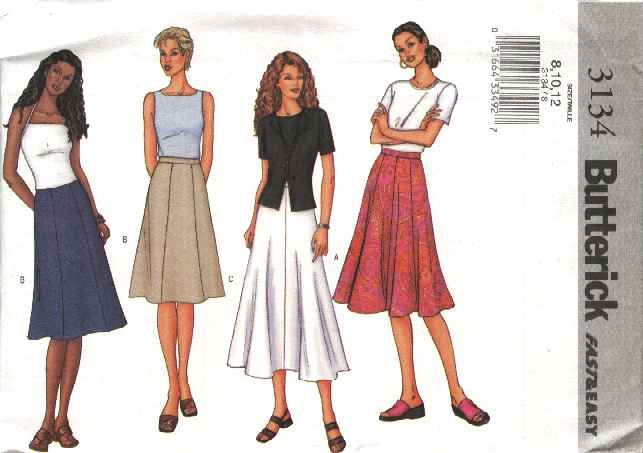 Butterick Sewing Pattern 3134 Misses Size 14-18 Easy Classic Long Short A-Line Flared Skirts