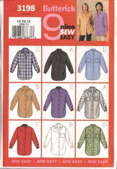 Butterick Sewing Pattern 3198 Misses Size 20-22-24 Easy Button Front Long Sleeve Shirts Blouse Top