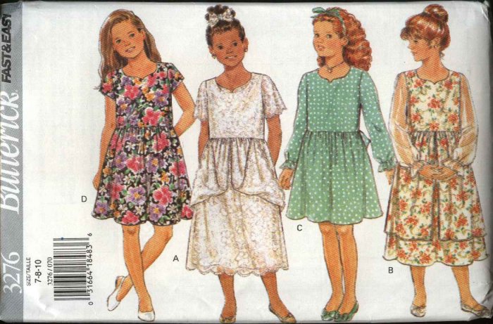 Butterick Sewing Pattern 3276 Girls Size 7-8-10 Easy Pullover Dresses Sleeve Skirt Variations Slip