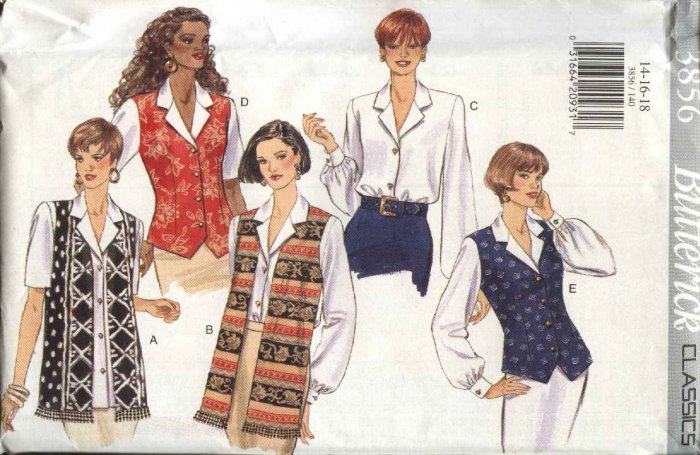 Butterick Sewing Pattern 3856 B3856 Misses Size 14-18 Easy Top Button Front Vest-Look Blouse