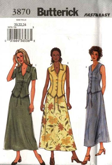 Butterick Sewing Pattern 3870 B3870 Misses Size 20-24 Easy Button Front Top Long A-Line Skirt
