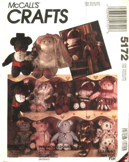 McCalls Sewing Patterns 5172 M5172 680 Stuffed 21" Bear Dolls Clothes Bride Groom Santa Ballerina