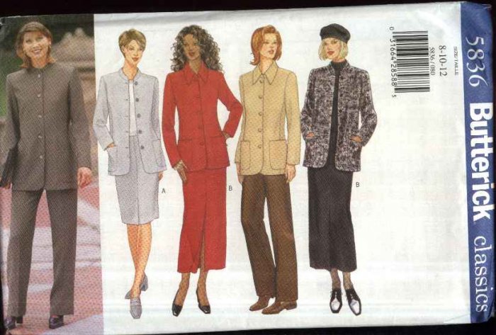 Butterick Sewing Pattern 5836 Misses Size 14-18 Classic Button Front Jacket Straight Skirts Pants