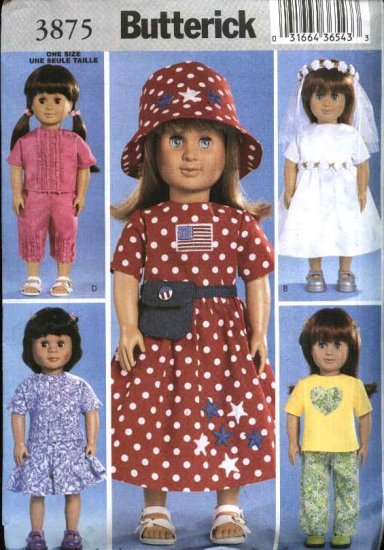 Butterick Sewing Pattern 3875 18" Doll Clothes Wardrobe Wedding Dress Top Skirt Pants Hat