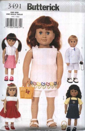 Butterick Sewing Pattern 3491 18" Doll Clothes Jumper Dress Jacket Shorts Skirt Suit Top Tunic