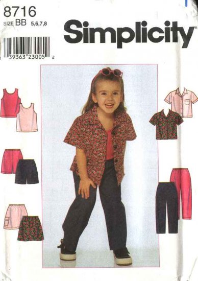 Simplicity Sewing Pattern 8716 Girls Size 3-6 Wardrobe Classic Shirt Skirt Pants Top Shorts