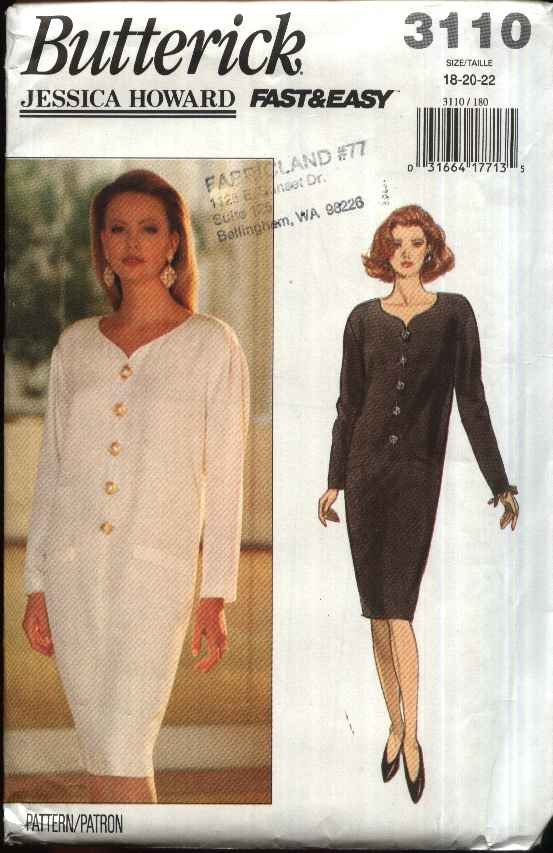 Butterick Sewing Pattern 3110 Misses Size 18-22 Easy Long Sleeve Sheath Tapered Dress