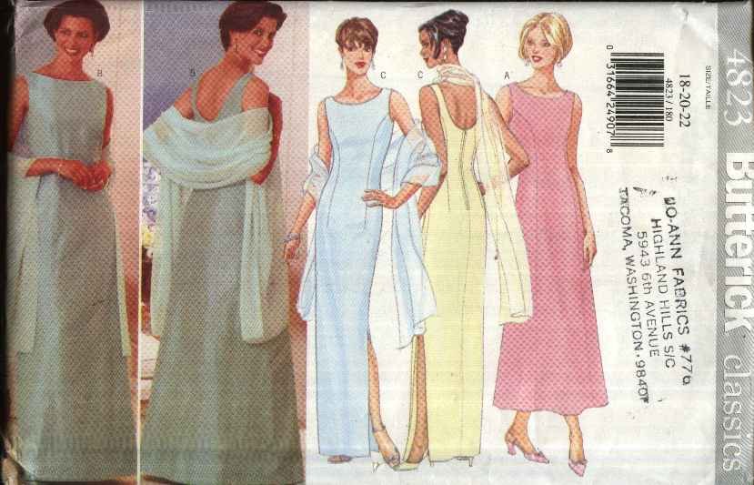 Butterick Sewing Pattern 4823 Misses Size 18-22 Easy Classic Formal Evening Long Dress Stole