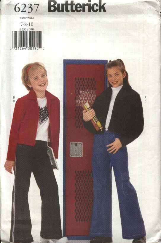 Butterick Sewing Pattern 6237 Girls Size 7-10 Easy Zipper Front Jacket Bell Bottom Jeans Pants