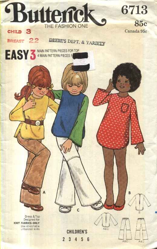 Retro Butterick Sewing Pattern 6713 B6713 Girls Size 3 Easy Long Sleeve Dress Top Bell Bottom Pants