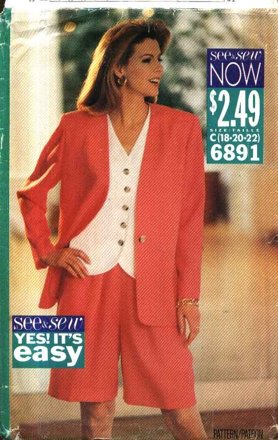Butterick Sewing Pattern 6891 Misses Size 18-22 Easy Unlined Jacket Top City Walking Shorts