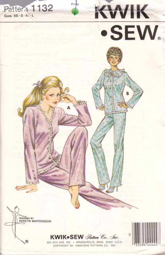 Kwik Sew Sewing Pattern 1132 K1132 Misses Size XS-L Tricot Pajamas Long Pants Button Front Top