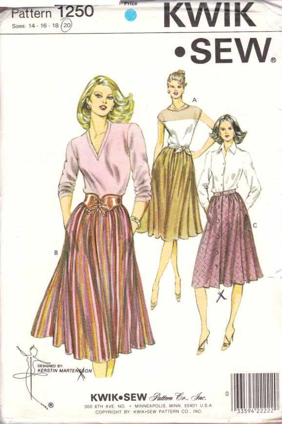 Kwik Sew Sewing Pattern 1250 Misses Size 14-16-18-20 Gathered Skirt Optional Front Buttons