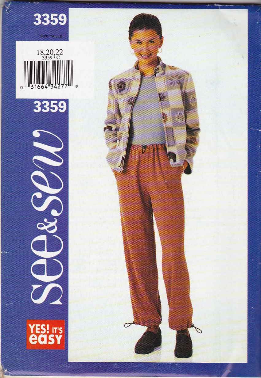 Butterick Sewing Pattern 3359 B3359 Misses Size 18-22 Easy Zipper Front Fleece Jacket Pants