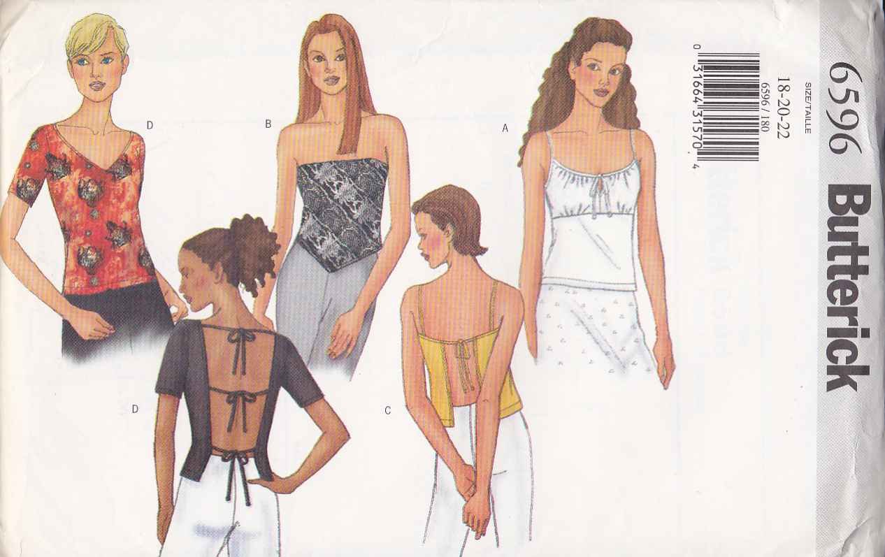 Butterick Sewing Pattern 6596 Misses Size 18-22 Easy Suntops Tops Sleeve Back Options