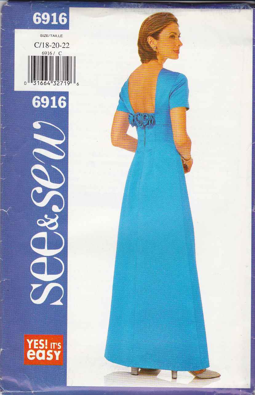 Butterick Sewing Pattern 6916 Misses Size 18-22 Easy Raised Waist Formal Evening Prom Dress
