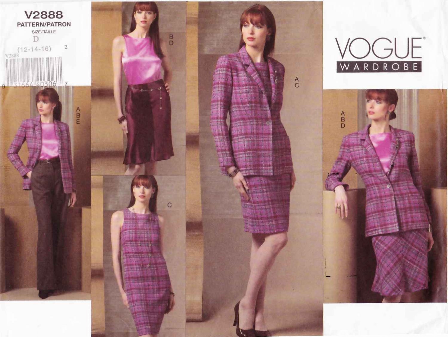 Vogue Sewing Pattern 2888 Misses size 12-14-16 Easy Wardrobe Skirt Dress Jacket Pants Top