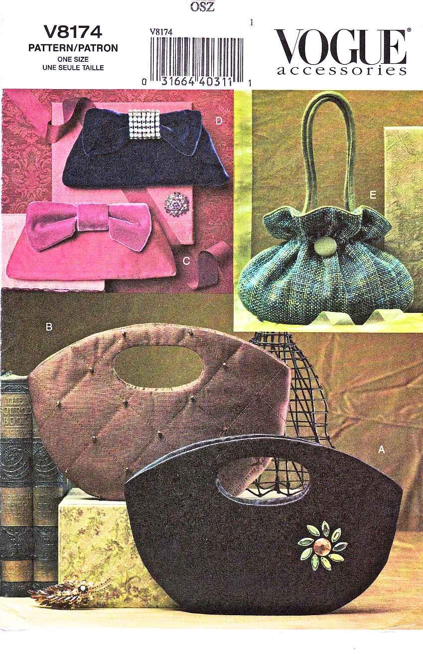 Vogue Sewing Pattern 8174 0678 Five Lined Bags Handbags Purses Pocketbook Clutch