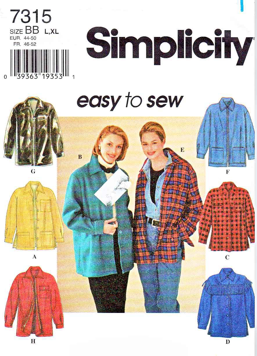 Simplicity Sewing Pattern 7315 Misses Size 18-24 Easy Zipper Button Front Long Sleeve Jacket