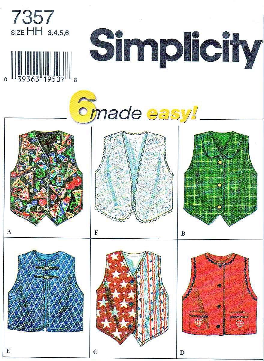 Simplicity Sewing Pattern 7357 Girls Size 8-14 Easy Lined Vests Button Front Option
