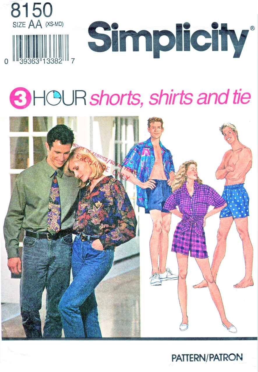 Simplicity Sewing Pattern 8150 Misses Mens Unisex Chest Size 30-40" Shorts Button Front Shirt Tie