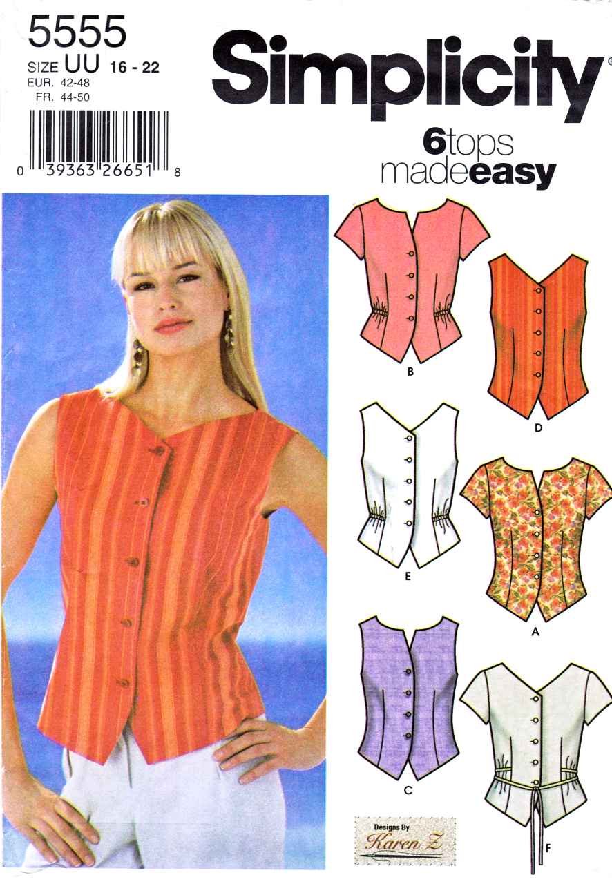 Simplicity Sewing Pattern 5555 Misses Size 16-22 Easy Button Front Top Shirt Blouse Vest