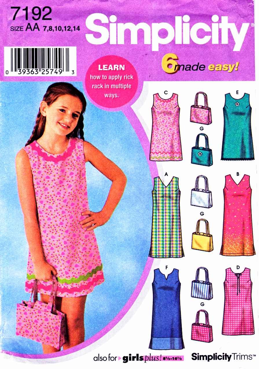 Simplicity Sewing Pattern 7192 Girls Size 7-14 Easy Sleeveless Summer Dress Bag Purse
