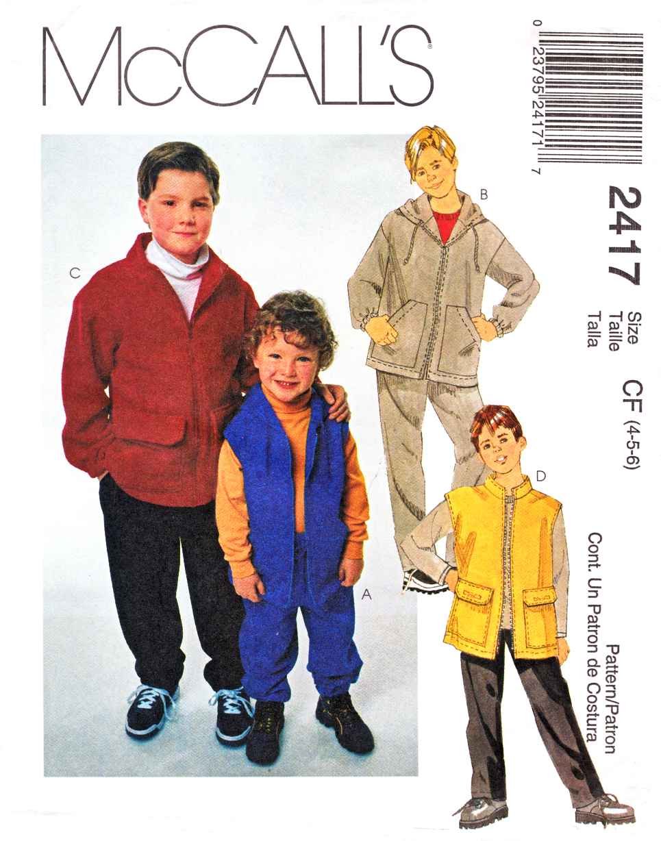 McCall's Sewing Pattern 2417 M2417 Boys Size 4-6 Unlined Zipper Front Hooded Jacket Vest Pants