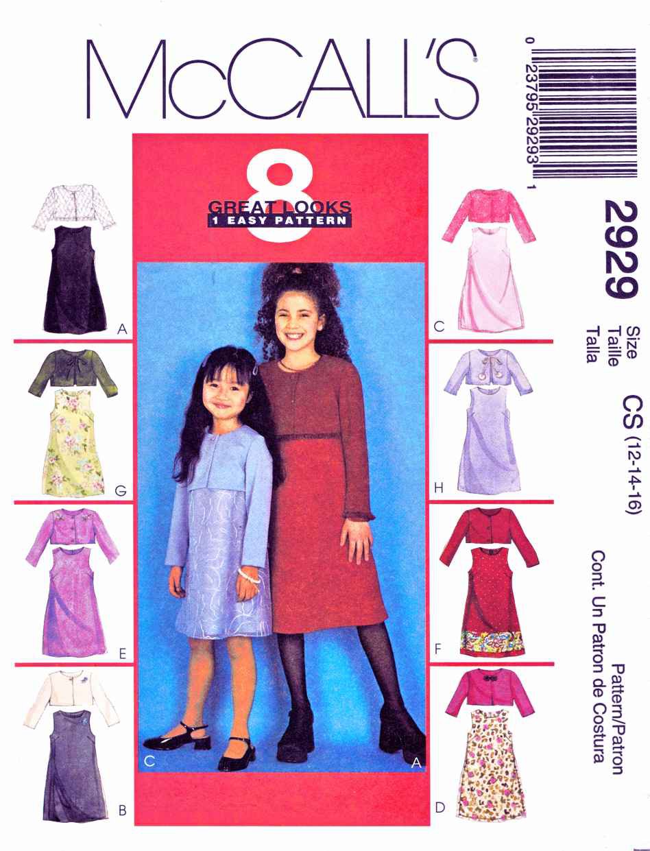 McCall's Sewing Pattern 2929 M2929 Girls Size 12-16 Easy Sleeveless Dress Jacket Bolero Shrug