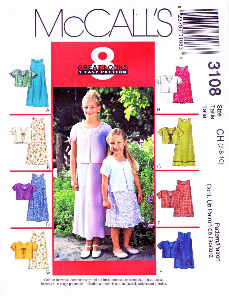 McCall's Sewing Pattern 3108 M3108 Girls Size 7-10 Easy Summer Sleeveless Dress Short Sleeve Jacket