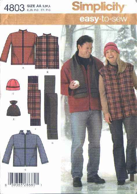 Simplicity Sewing Pattern 4803 Womens Mens Chest Size 40-50" Easy Hooded Jacket Vest Hat Scarf