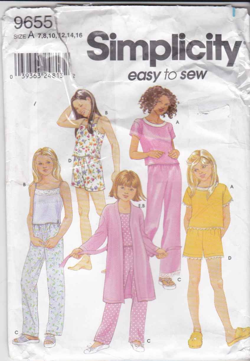 Simplicity Sewing Pattern 9655 Girls Size 7-16 Easy Pajamas Robe Camisole Pullover Top Pants Shorts