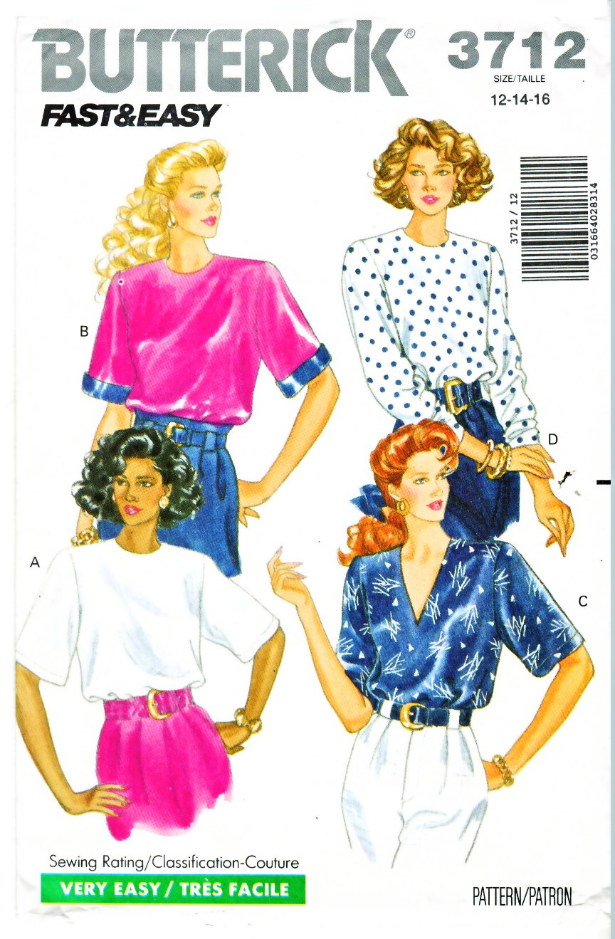 Butterick Sewing Pattern 3712 B3712 Misses Size 6-10 Easy Loose-Fitting Pullover Tops Sleeve Options
