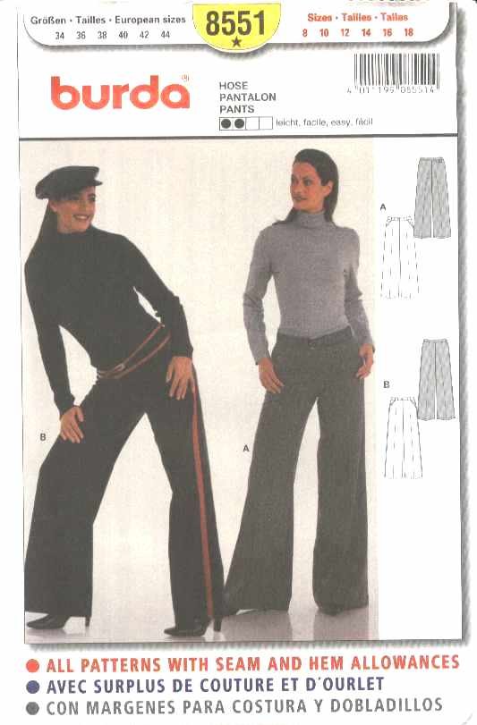 Burda Sewing Pattern 8551 Misses Sizes 8-18 Easy Fitted Pants