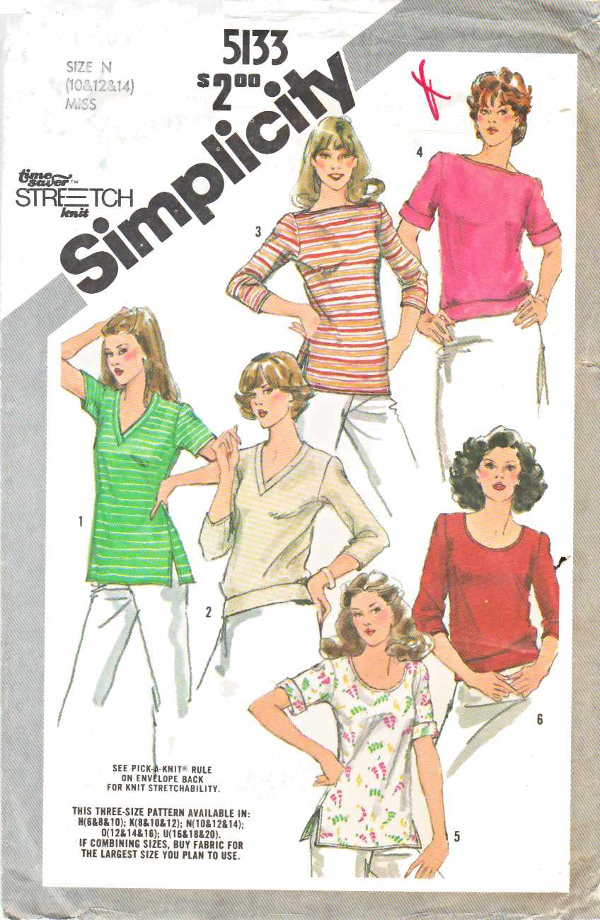 Simplicity Sewing Pattern 5133 Misses Sizes 10-14 Knit Pullover Tops Sleeve Neckline Options