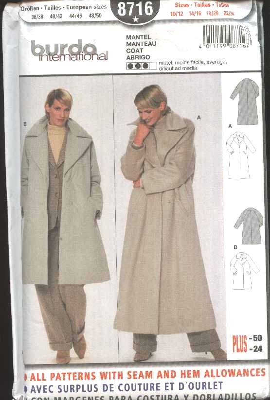Burda Sewing Pattern 8716 Misses Size 10/12-22/24 Loose Fitting Winter Coat
